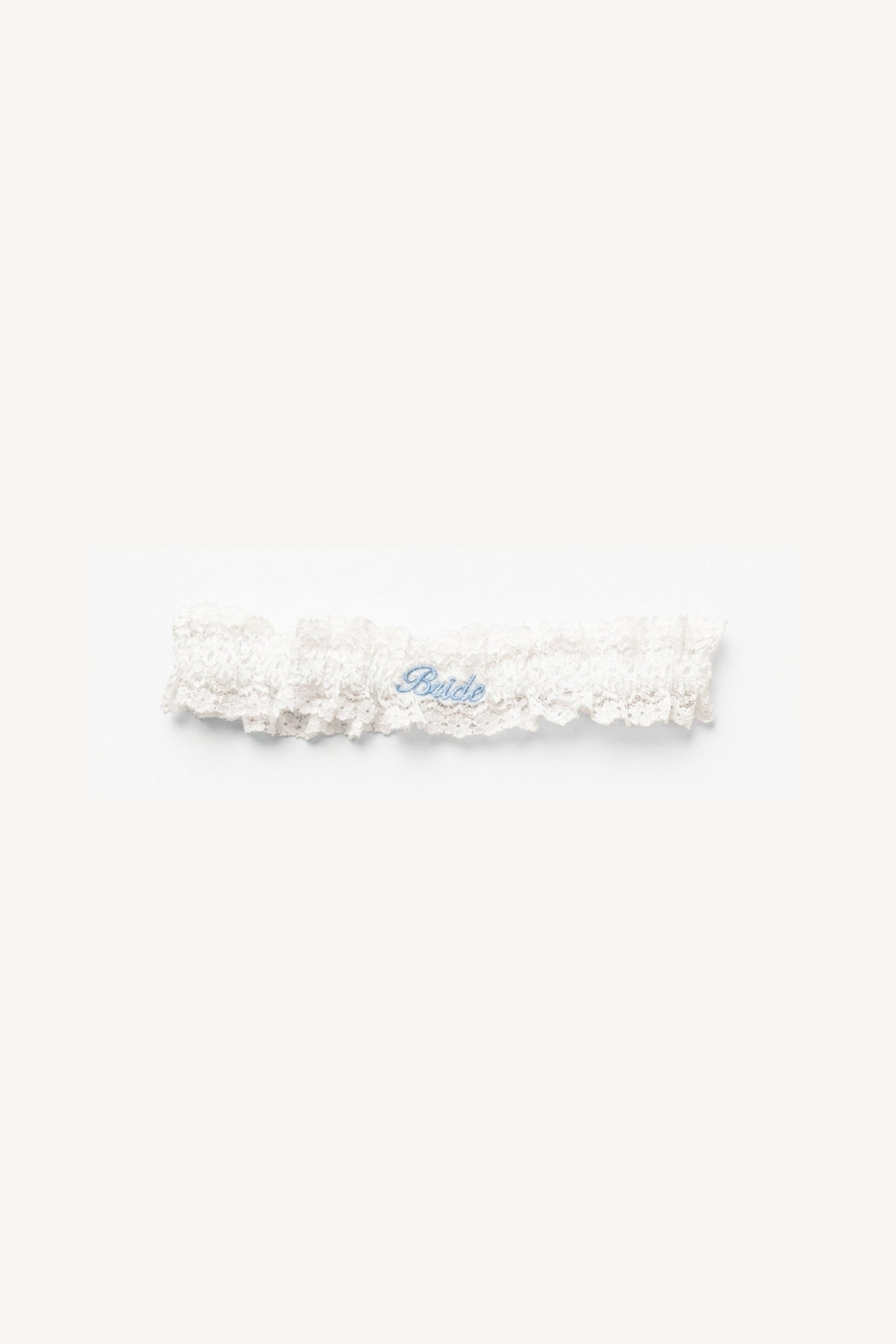 Lace garter with blue BRIDE embroidery