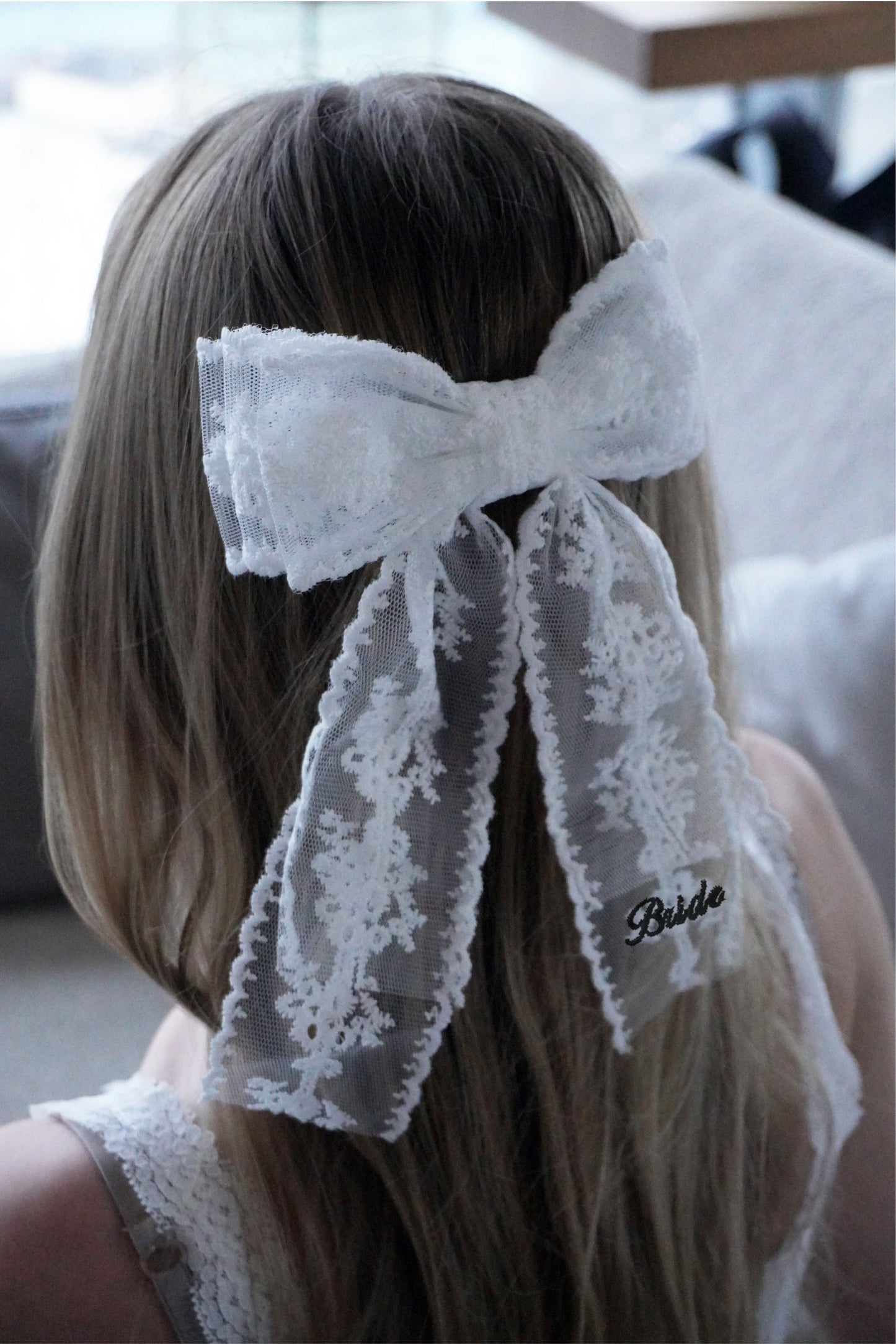 Lace bow with Bride embroidery